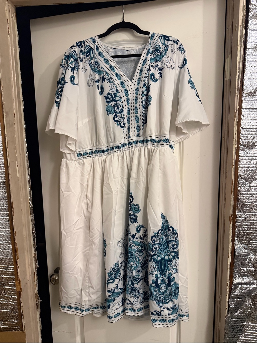 BloomChic White Dress with Teal Embroidery